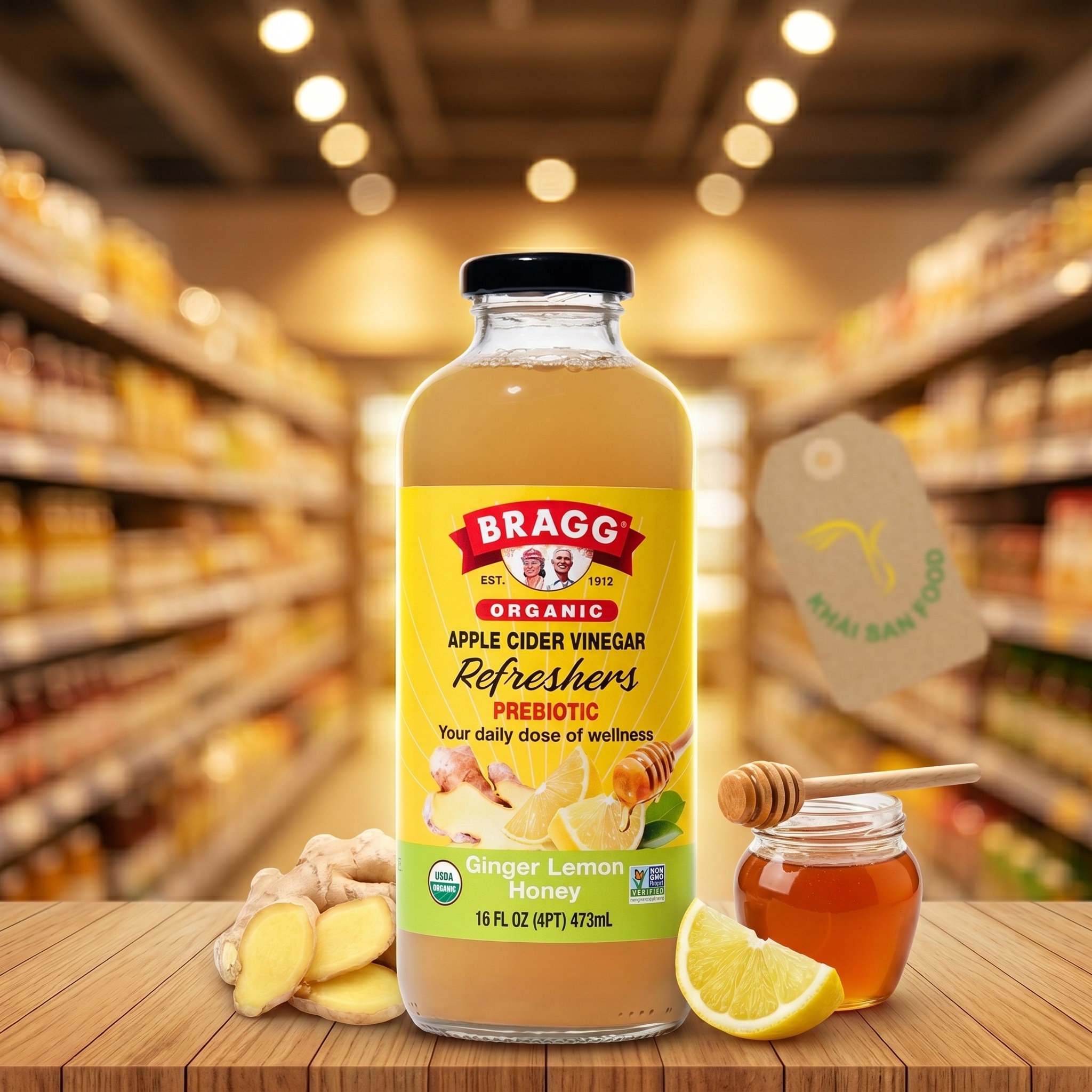 Bragg Organic ACV Refreshers Prebiotic Ginger Lemon Honey 16oz - Nước Uống Giấm Táo Và Gừng Mật Ong 473ml