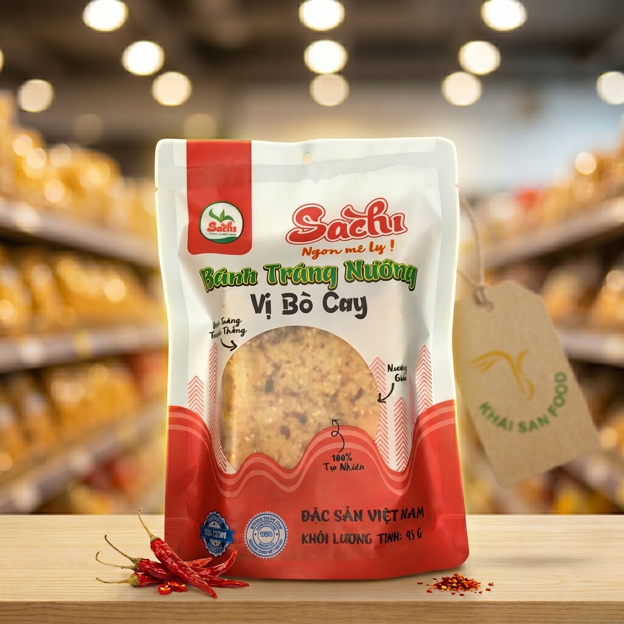 Snack Bánh Tráng Nướng SACHI Phủ Khô Bò Cay 45g Snack Bánh Tráng Nướng SACHI Phủ Khô Bò Cay 45g