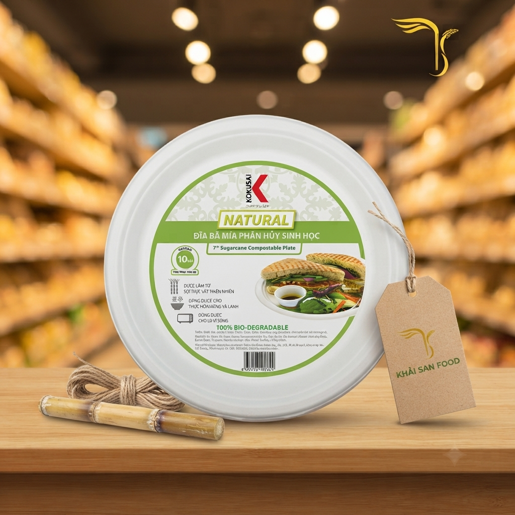 Đĩa bã mía phân hủy sinh học Kokusai Natural 7 inch (10 cái) Đĩa bã mía phân hủy sinh học Kokusai Natural 7 inch (10 cái)