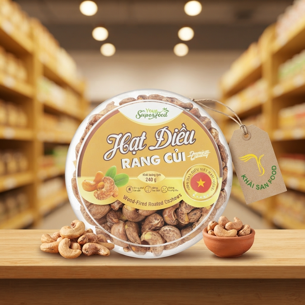 Hạt Điều Rang Củi Vỏ Lụa Hộp Tròn Nhỏ 240G