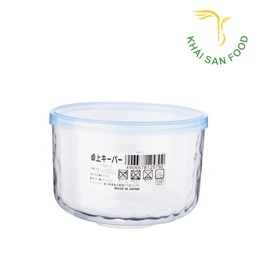 Hộp thủy tinh có nắp đậy màu xanh loại tròn 420ml