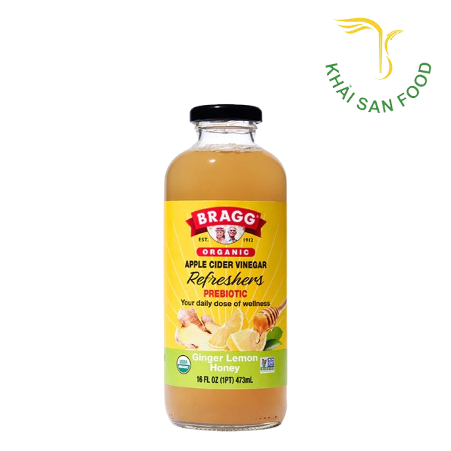 Bragg Organic ACV Refreshers Prebiotic Ginger Lemon Honey 16oz - Nước Uống Giấm Táo Và Gừng Mật Ong 473ml