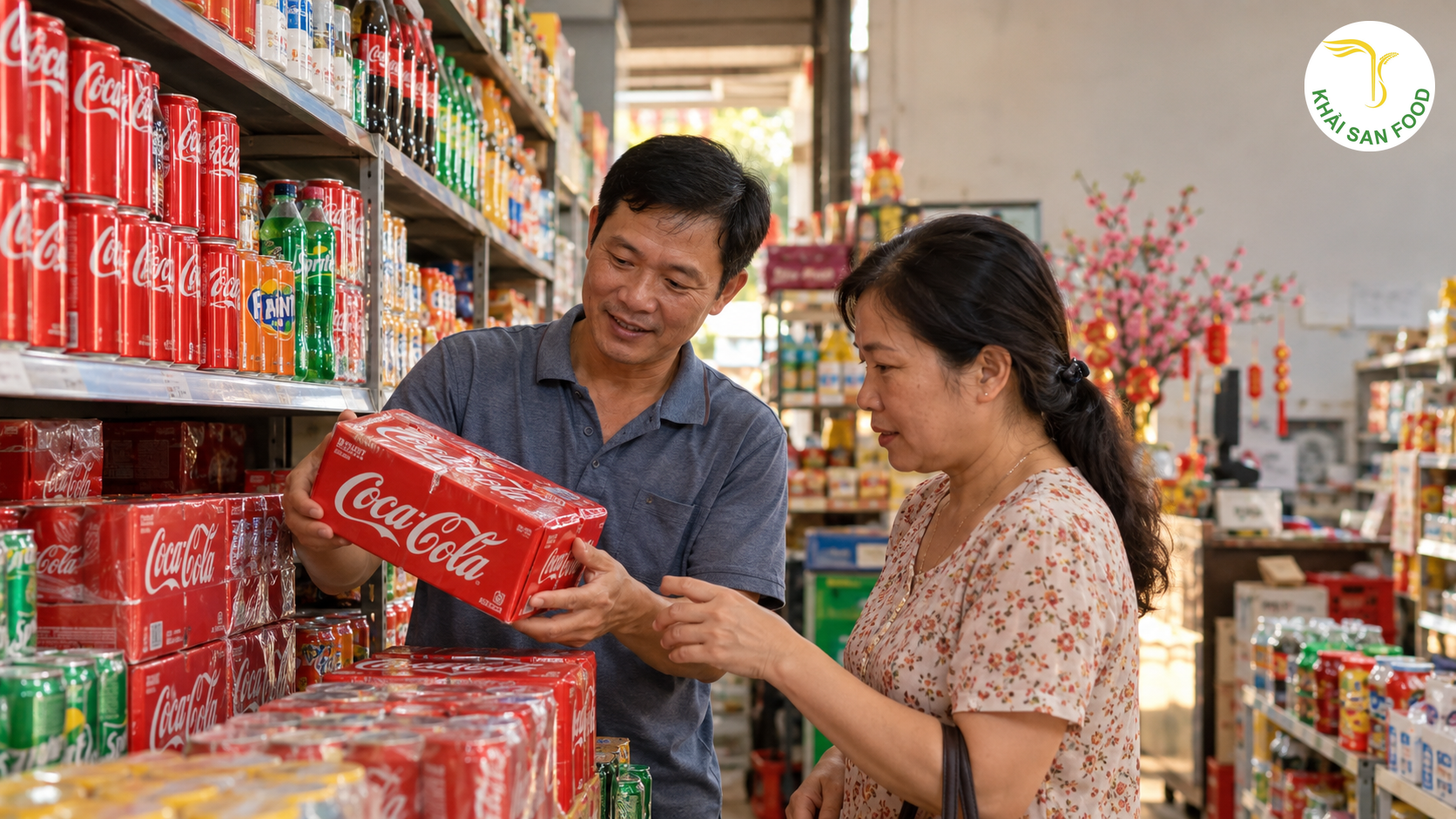 Thùng Coca Tết - Khách hàng kiểm tra thùng Coca-Cola và lựa chọn nước giải khát tại cửa hàng bách hóa - Khải San Food